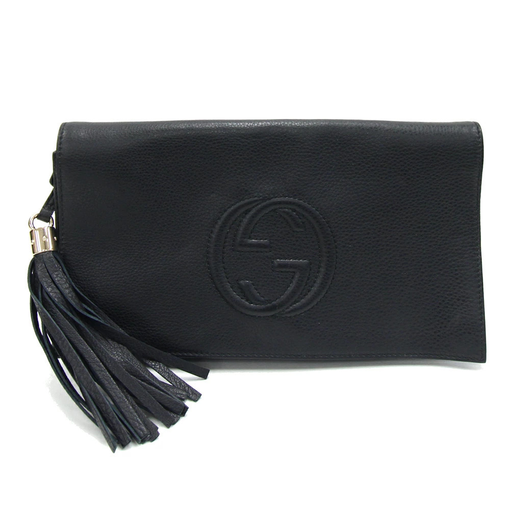 Gucci Soho Clutch Bag Black Leather Tassel GG Fringe